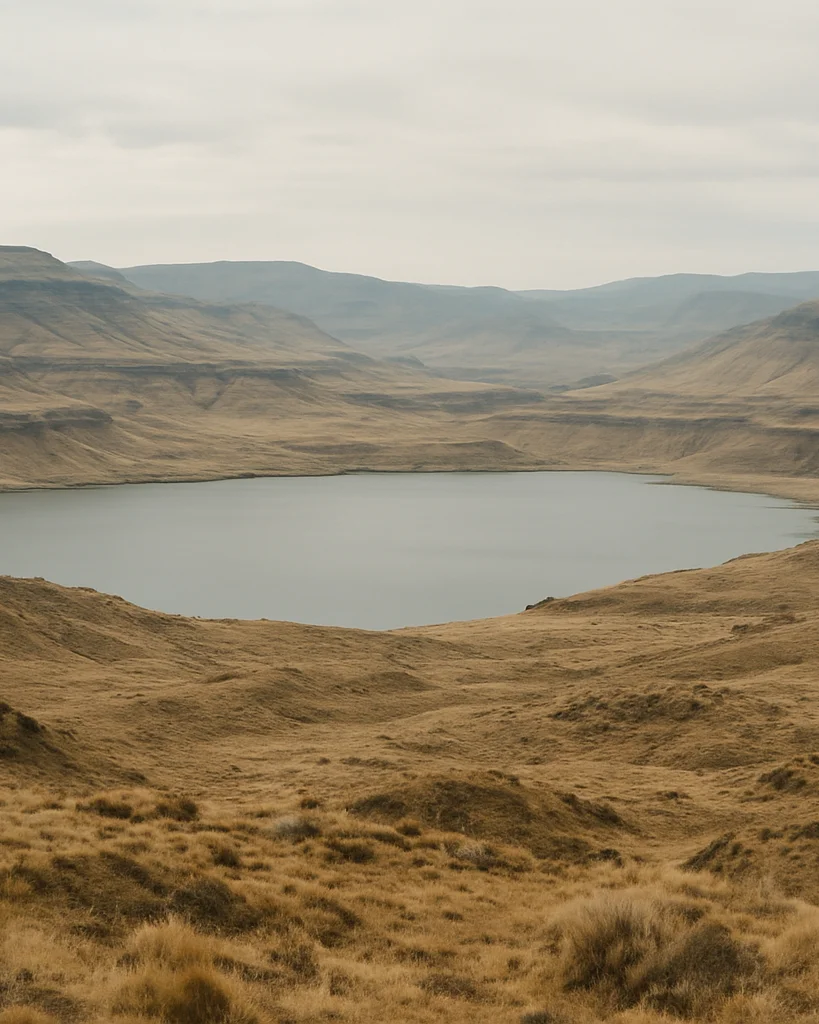 Editorial landscape photograph of layered terrain under soft diffuse daylight, muted earth and water tones, clear wide f