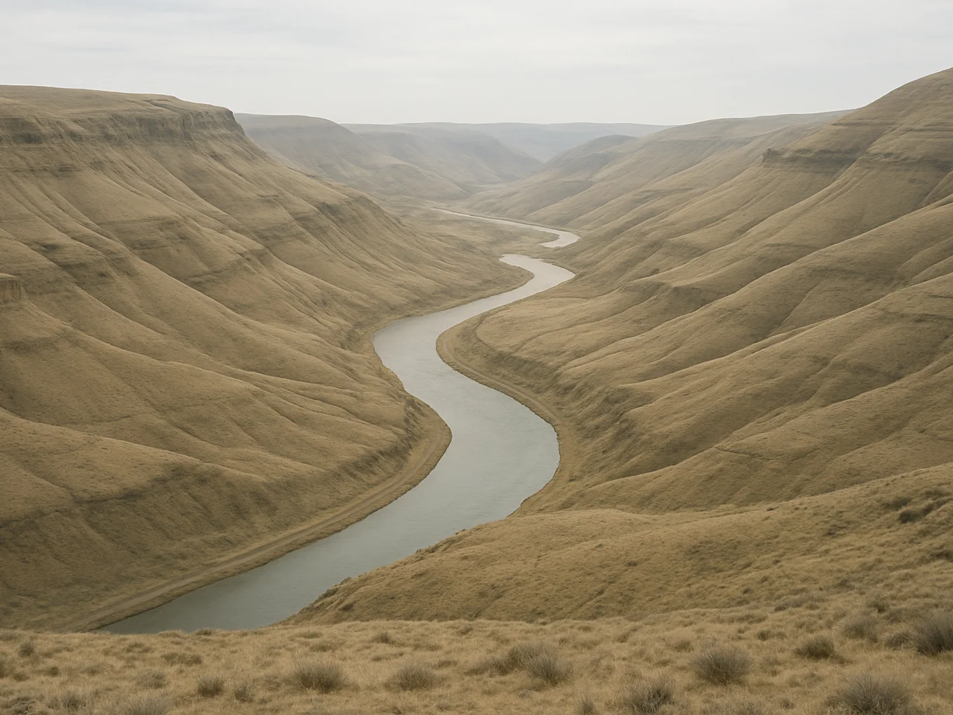 Clear wide view of a river valley with contour-shaped terrain, neutral map-like tones, soft natural daylight