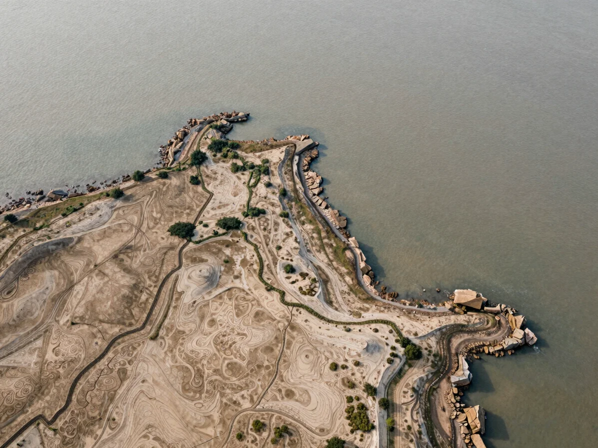 Editorial close detail of a coastline seen from above, muted water and earth tones, soft diffuse light and natural textu