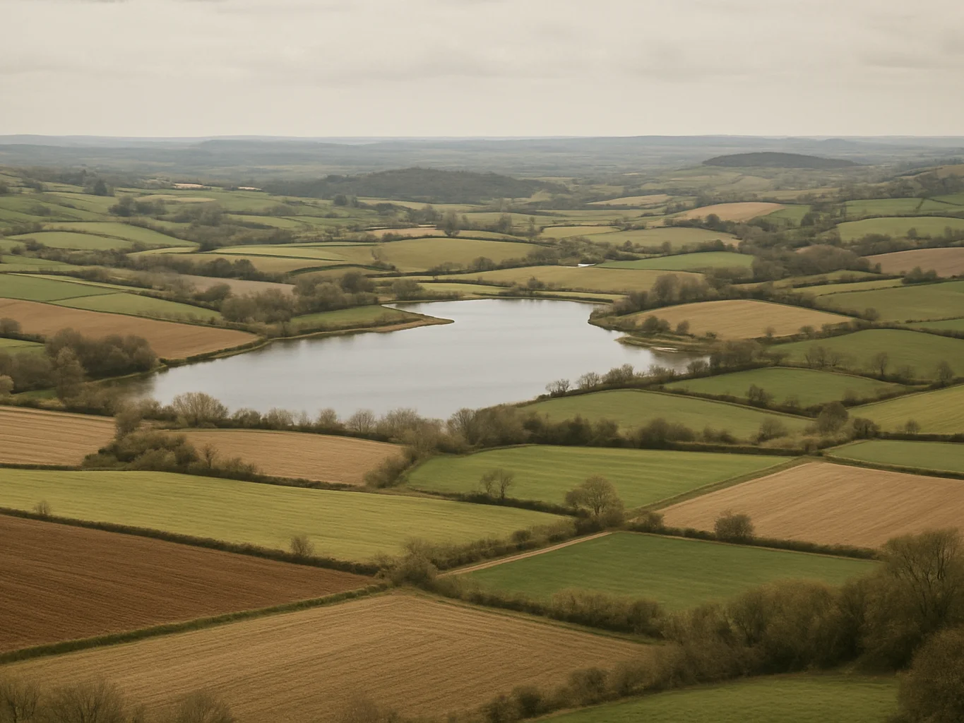 Wide landscape of varied land cover with legible field patterns, soft daylight, muted tones and clear geographic context