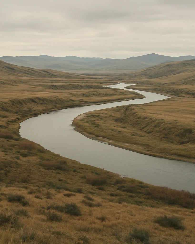 Editorial landscape photograph of a wide river valley under soft